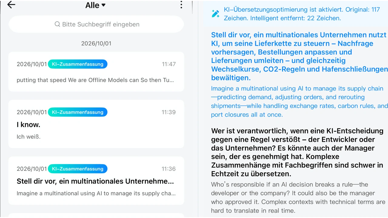 Timekettle W4 Plus: Übersetzungsverlauf und detailliertes Transkript