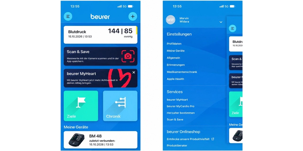 Beurer BM 48: HealthManager Pro mit Startseite und Menü