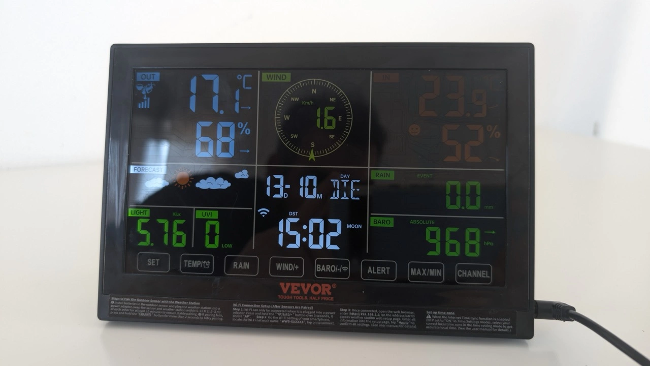 VEVOR Profi WLAN-Wetterstation 7-in-1: Basisstation mit Farbdisplay und Wetterwerten