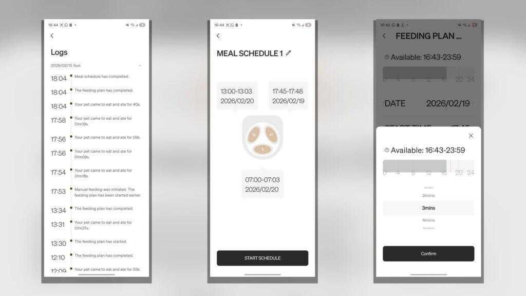 App Screens mit Logs, Mahlzeitenplan und Fütterungsfenster
