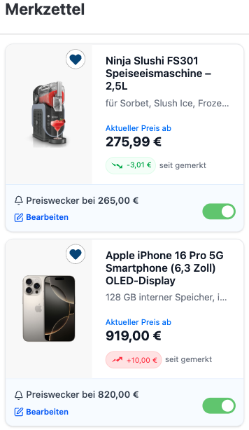 Preiswecker-Ansicht in der Wishlist