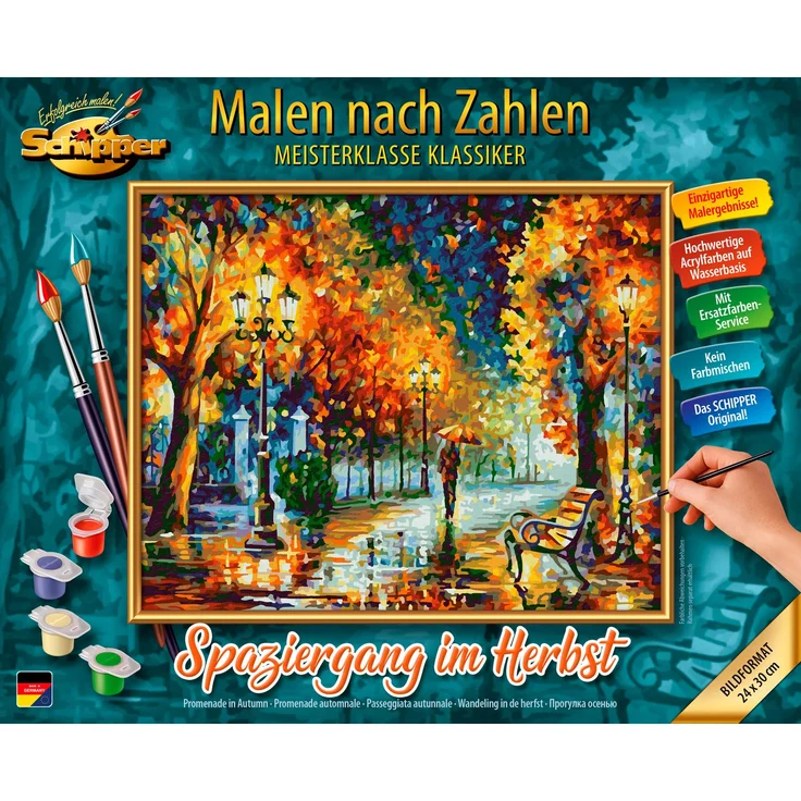 Schipper Malen nach Zahlen Meisterklasse Klassiker - Spaziergang im Herbst, Made in Germany - Acrylfarben, Maltafel 24x30 cm, inkl. Malpinsel und Anleitung – Bild 1
