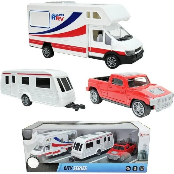 Toi-Toys Modellfahrzeug Set - Wohnmobil + Wohnwagen + Pick-Up-Truck mit Rückzugmotor, Maßstab 1:35-1:50