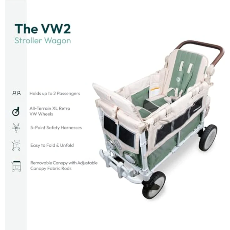 WONDERFOLD Volkswagen Kinderwagen Wagon (2 Sitzer) - zusammenklappbarer Kinderwagen mit klassischer VW-Stoßstange, Retro-VW-Rädern in XL und veganem Lederlenker – Bild 3