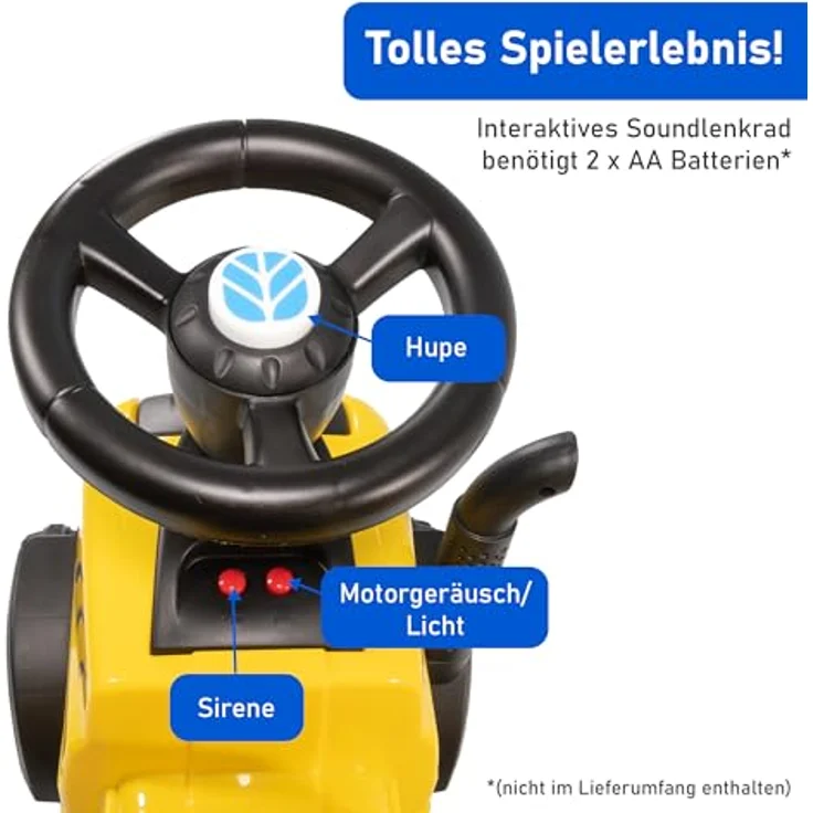 NATIV Rutschauto Traktor New Holland ab 1 Jahr | mit Anhänger, Schaufel, Rechen | gelb, mit Soundtasten und Licht – Bild 2