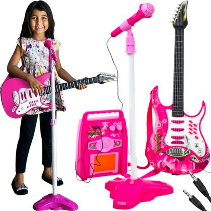 ISO TRADE Spielzeug-Musikinstrument Rosa E-Gitarre mit Mikrofonständer und Verstärker, MP3-Eingang, blinkende Lichter und Lautstärkeregelung, Spar-Set 1-tlg.
