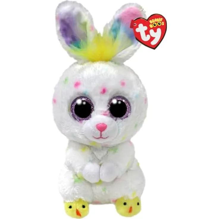 TY Beanie Boo's Easter Dusty Rabbit 15cm, weißes Kaninchen mit bunten Ohren für Ostern 2024