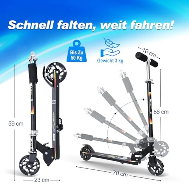 Habib Gruppe Kinderroller – Mitwachsender Tretroller & Scooter mit 4-fach höhenverstellbarem Lenker, klappbar und LED-Rädern für Kinder 3-10 Jahre, schwarz – Bild 3