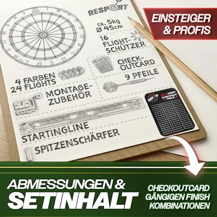 RE:SPORT® Sisal Premium Dartscheibe XXL Set, inkl. 9 Profi Dartpfeile, 24 Pro Flights, Zubehör und Montageset, Steeldart Dartboard mit Metallspitzen für Training und Wettkampf – Bild 2