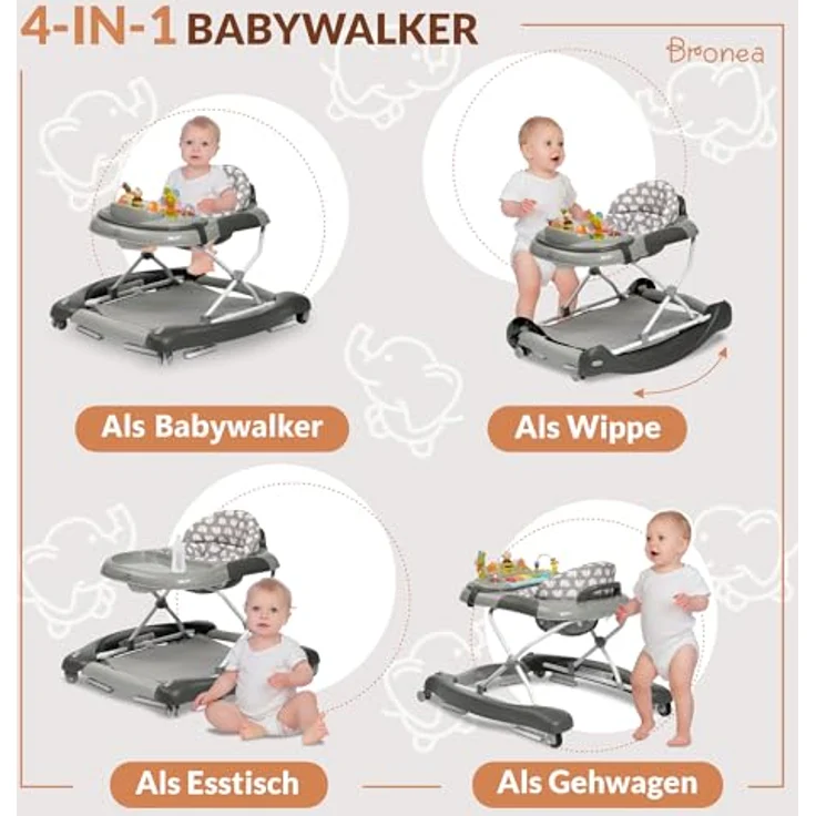 Bronea 4-in-1 Gehfrei Baby ab 6 Monate | Lauflernwagen mit Schaukelfunktion und Spielpaneel mit Musik | Höhenverstellbare und Klappbar | Lauflernhilfe mit leisen Rollen und Bremsen – Bild 2