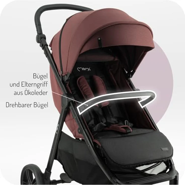 MoMi CLARA Kinder-Buggy in Burgund, verstellbar für Kinder bis 22 kg, mit umfangreichem Zubehörset – Bild 5