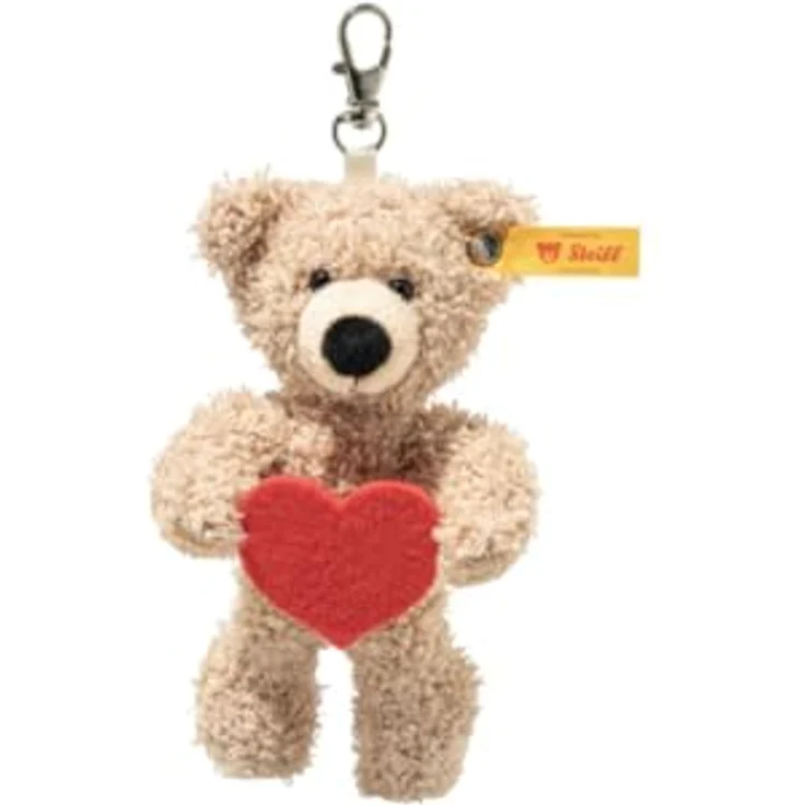 Steiff Anhänger Teddybär Fynn 12cm beige Love, Schlüsselanhänger, kuscheliger Teddy aus Plüsch mit rotem Filzherz, Glücksbringer, ideale Geschenkidee, waschmaschinenfest