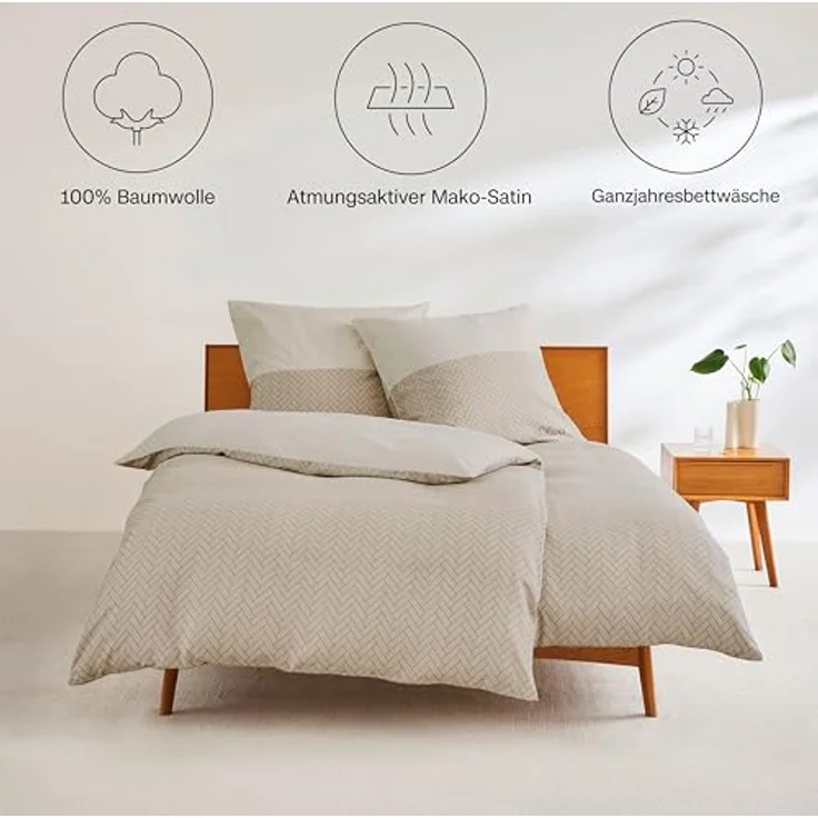 s.Oliver Mako Satin Bettwäsche 135x200 cm, 100% Baumwolle, weich & anschmiegsam, mit Reißverschluss, beige, 2-teilig – Bild 2