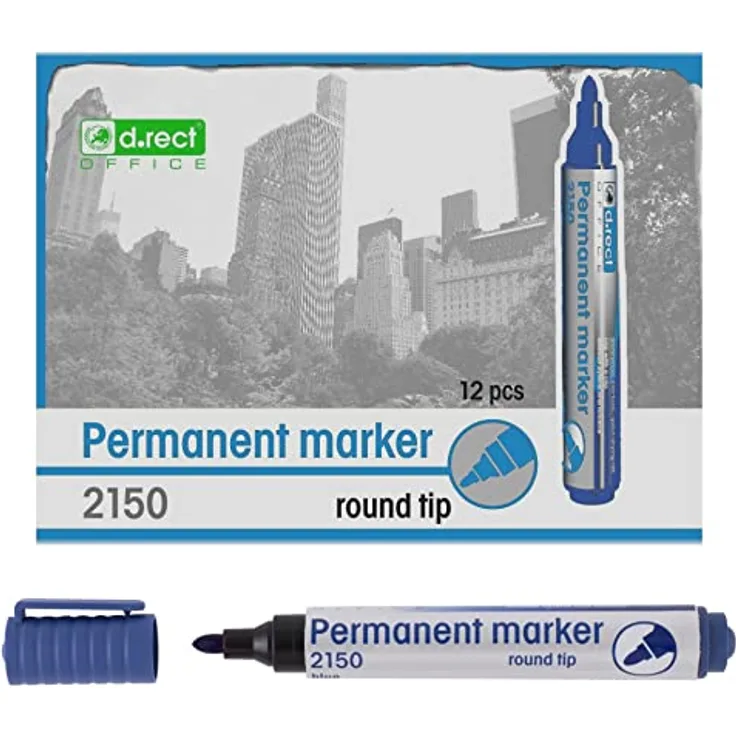 D.RECT 2150 Marker Permanent | Permanentmarker Wasserfest mit Rundspitze | Stifte Bunt Wasserfest | Wasserfeste Stifte für Viele Oberflächen 12 Stück - Blau