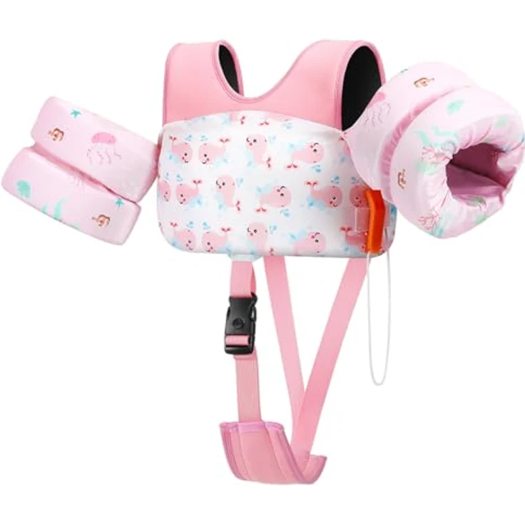 HeySplash Kinder Schwimmweste, Schwimmflügel für Kinder 6-15kg, Verstellbare Träger, Doppelschnalle, Pfeife, Rosa Wal – Bild 1