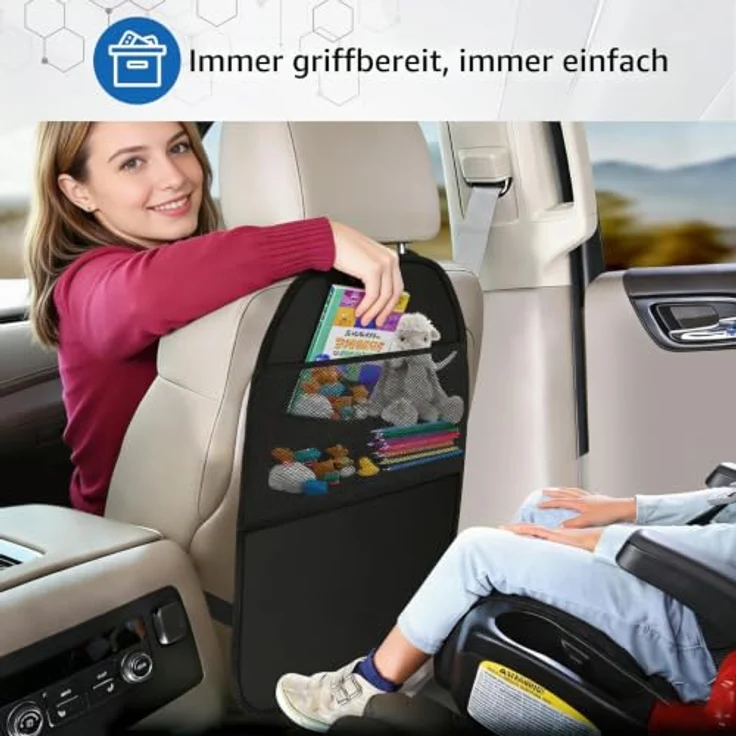 AiQInu Rückenschutz für Autositz, wasserdicht und schmutzabweisend mit großen Staufächern, Schwarz – Bild 4