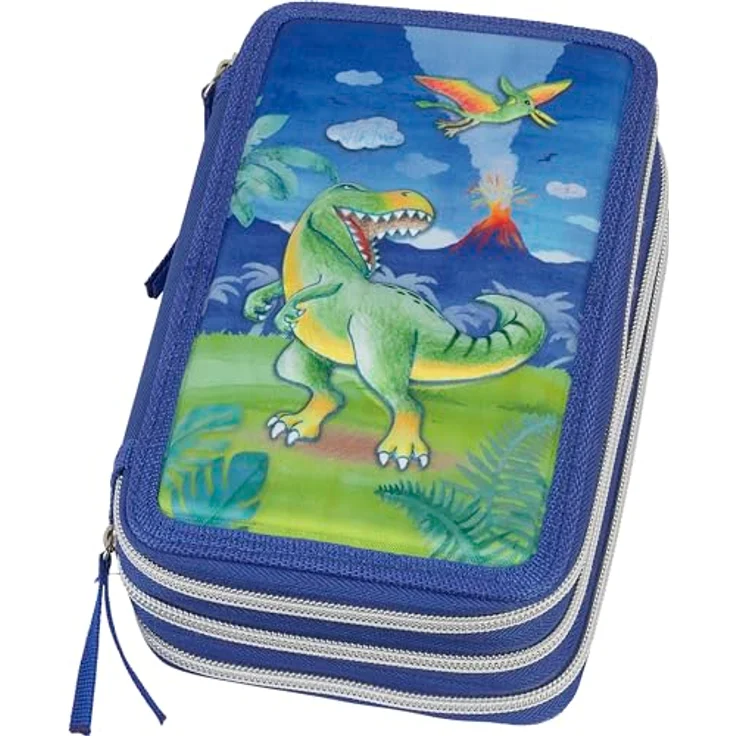Faber-Castell 573040 – Dreifach-Schulmäppchen – Einhorn, Federmäppchen mit 3 Fächern und umfangreichem Inhalt in Dinosaurier-Design – Bild 1