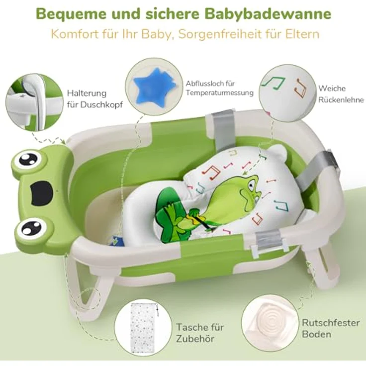 DEANIC Faltbare Babybadewanne, tragbare Babywanne für Neugeborene 0-24 Monate, rutschfester Boden, platzsparend, grün – Bild 4