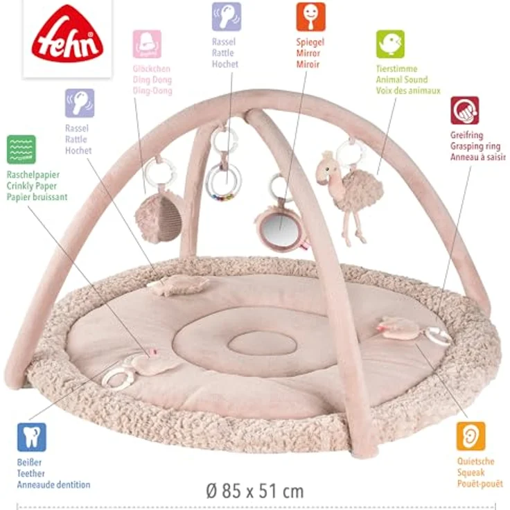 Fehn Spielbogen Flamingo, 3-D-Activity-Decke mit 5 abnehmbaren Spielzeugen zur Förderung von Tastsinn und Motorik, pink – Bild 5