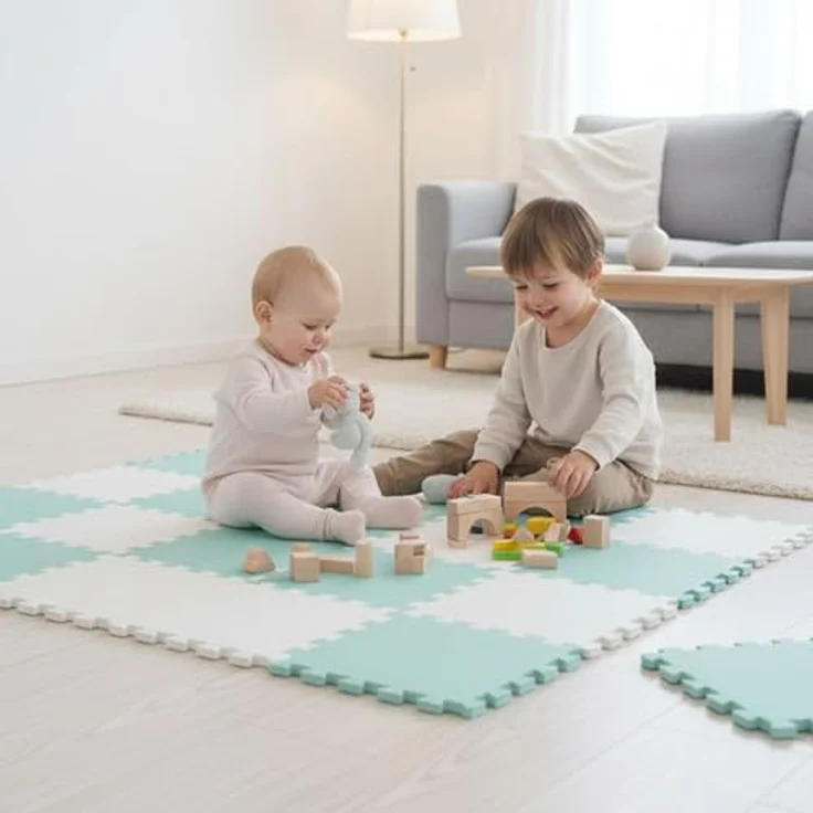 LittleTom Spielmatte Baby Puzzlematte Mint & Weiß - 18-teilig, 30x30 cm, 1 cm dicke EVA Schaumstoffmatte mit Anti-Rutsch-Profil und allergenfreier Oberfläche – Bild 2