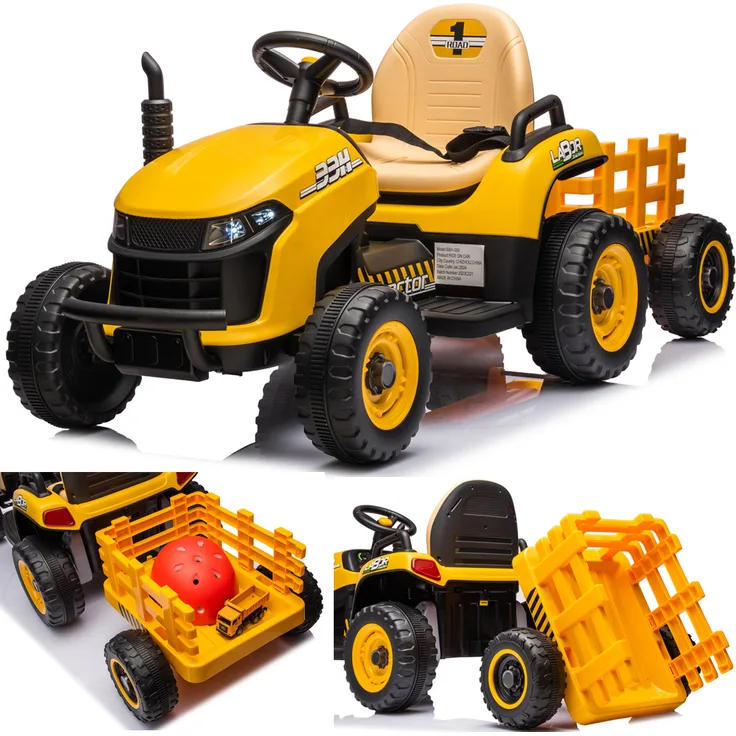 SIMRON Kinder Traktor Schlepper Bulldog mit Anhänger, Elektroauto mit Fernbedienung, 2 Motoren, Bluetooth Audiosystem, gelb