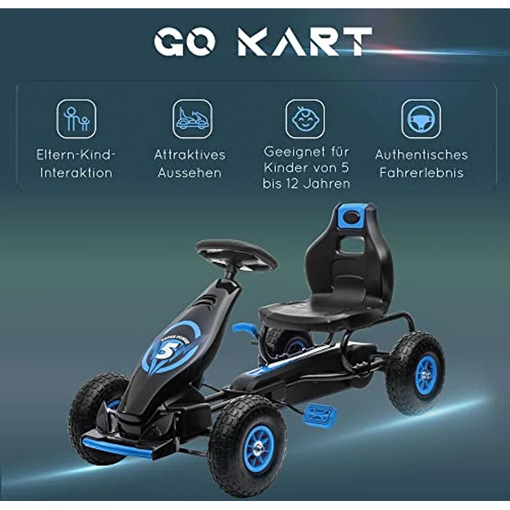 HOMCOM Gokart, Kinderfahrzeug mit verstellbarem Sitz, Tretauto mit Gummireifen, Pedal und Handbremse, Kettcar für Kinder ab 5 Jahren, Outdoor, Blau+Schwarz – Bild 9
