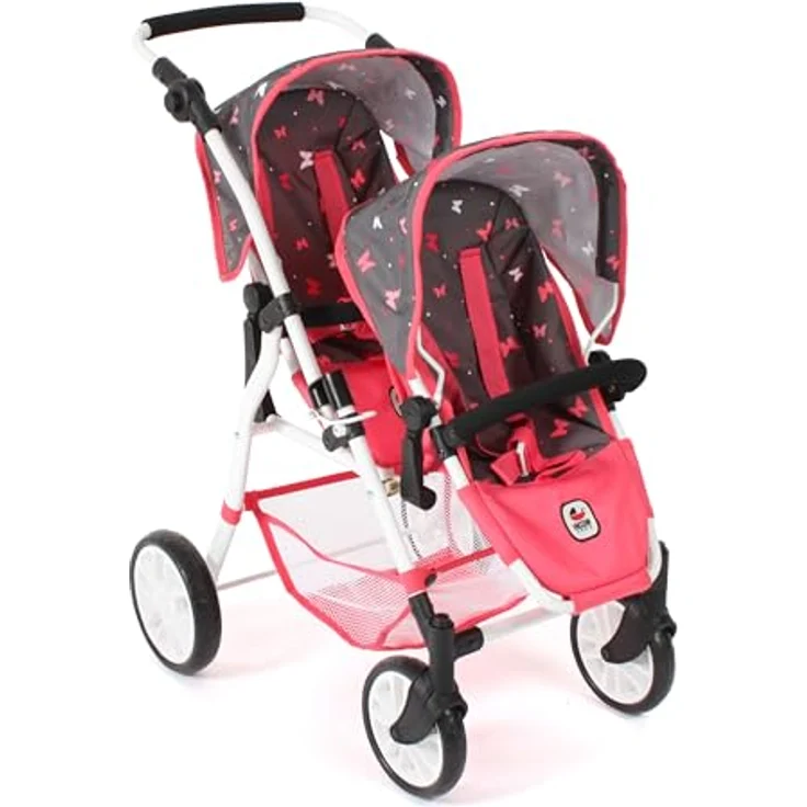 Bayer Chic 2000 - Puppenwagen Twinny, Zwillingspuppenwagen für Zwei Puppen, Zwillingsbuggy für Kinder von 4 bis 8 Jahren, Butterfly, Koralle - Preisvergleich – Bild 1