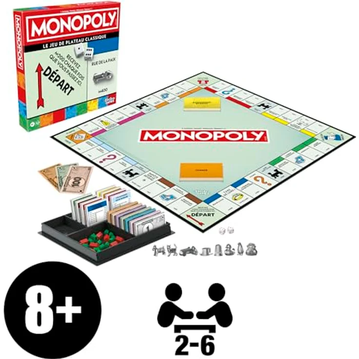 Monopoly classique, Brettspiel mit großer Aufbewahrungsbox und 8 stylischen Metall-Spielsteinen, für 2 bis 6 Spieler ab 8 Jahren – Bild 2
