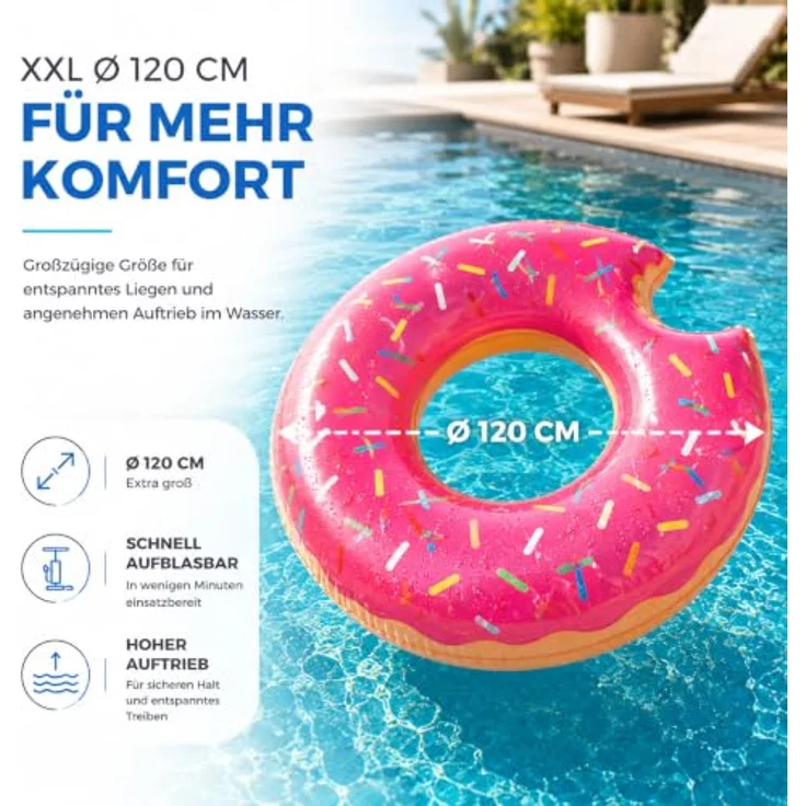 TK Gruppe Timo Klingler Aufblasbarer Donut Schwimmring braun Ø 120 cm mit Biss - XXL-Schwimmreifen für Pool, Strand & See, ideal für Erwachsene und Kinder – Bild 4
