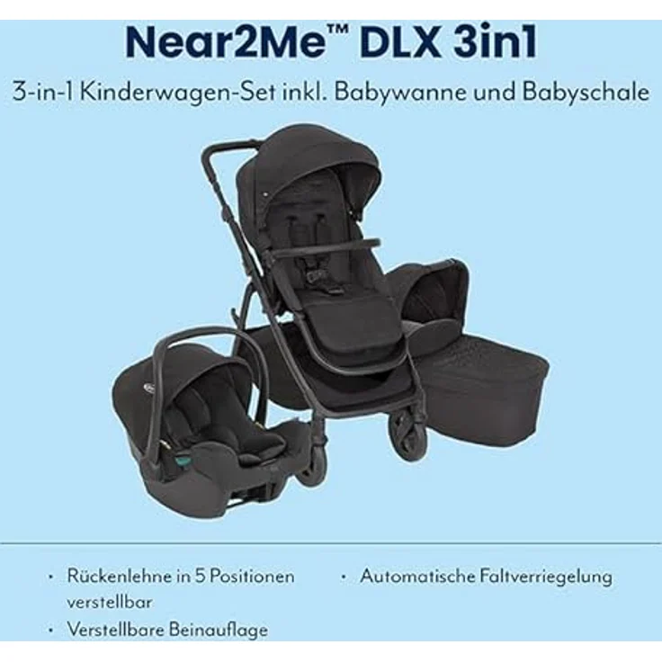 Graco 3in1 Kombi-Kinderwagen-Set Near2Me DLX, belastbar bis 22 kg, inkl. Babywanne, Babyschale SnugLite & Regenschutz, Farbe Midnight, mit Gratis Mobilitätsgarantie – Bild 2