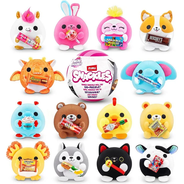 ZURU Snackles Plüsch 14 cm Serie 1,5 - Überraschungs-Kugel Squishy Snack, superweiches Kuscheltier - Elefant Lottie, Hase Britney, Huhn Dani, Drache Felix, Einhorn Richard, Axolotl Albie, Nilpferd Hugh, Faultier Susie, Corgi Benji, Bär Terry, Kuh Daisy - 14 cm