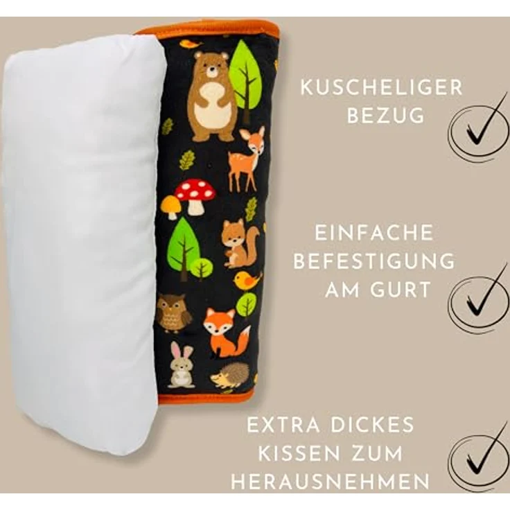 HECKBO Auto Schlafkissen Waldtiere Motiv für Kinder Mädchen Jungen - maschinenwaschbar – kuschelweich - Auto Gurtkissen, Gurtschoner, Gurtschutz Sitzerhöhung, Auto Kissen, Reisekissen, Urlaub – Bild 5