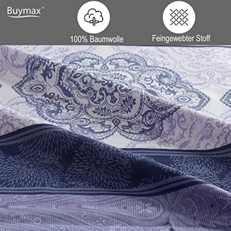 Buymax Bettwäsche 135x200 Baumwolle 2-Teilig Bettgarnitur mit Bettbezug und Kissenbezug 80x80 Renforce Bettwäsche-Set Blumenranken Rankenmuster Barock, Flieder Lila – Bild 3