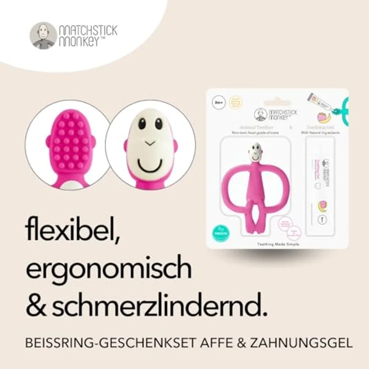 Matchstick Monkey Zahnungs-Set - Beißring + Bio Zahnungsgel Erdbeere-Banane (Affe pink) - Natürliche Zahnungshilfe für Babys ab 3 Monaten, Vegan, Tierversuchsfrei, BPA-frei – Bild 2
