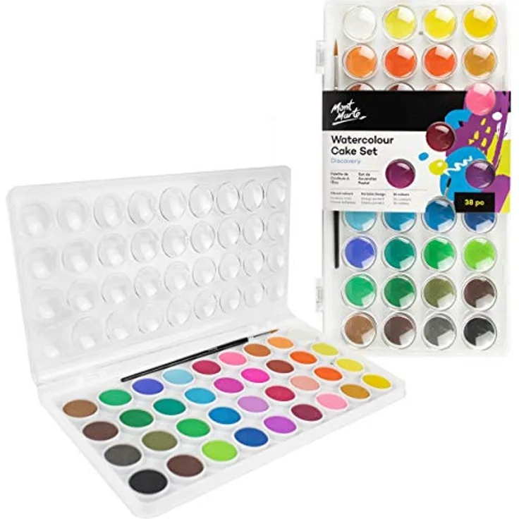 Mont Marte Wasserfarben Set 36 Farben, hohe Pigmentierung, inklusive Pinsel, kompaktes Aquarellmalerei-Set