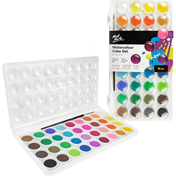 Mont Marte Wasserfarben Set 36 Farben, hohe Pigmentierung, inklusive Pinsel, kompaktes Aquarellmalerei-Set – Bild 1