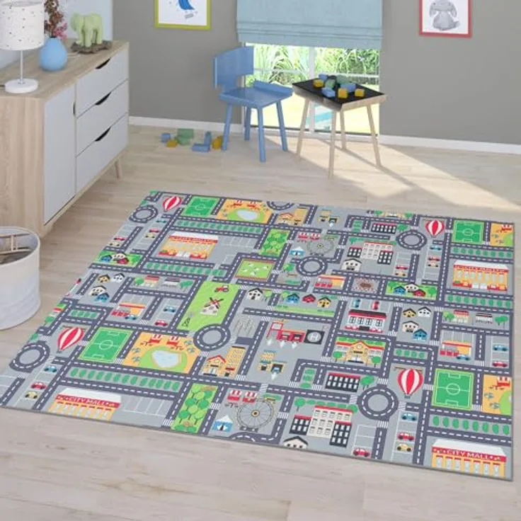 TT Home Kinderzimmerteppich, rutschfest, Straße Design, grau, 80x150 cm
