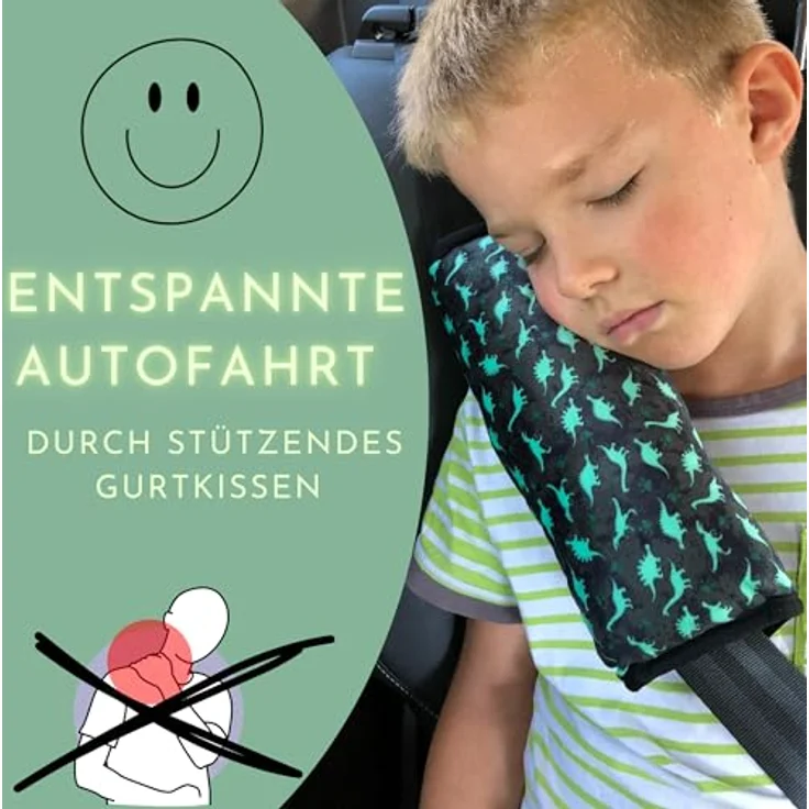 HECKBO Auto Schlafkissen Dinosaurier Dino für Kinder, maschinenwaschbar, kuschelweich, Gurtkissen und Reisekissen für mehr Komfort im Auto und unterwegs – Bild 3