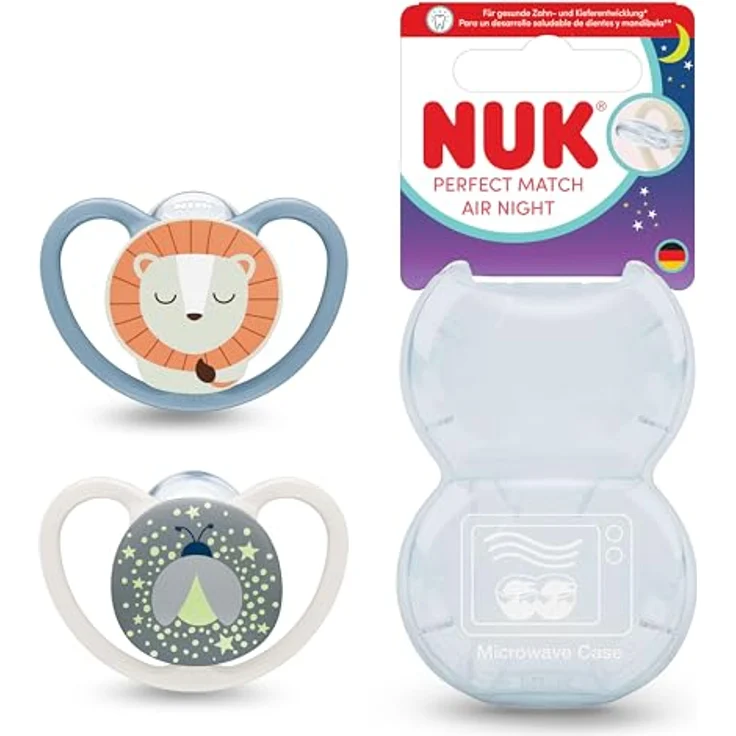 NUK Perfect Match Air Night Baby-Schnuller, leuchtende Beruhigungssauger mit 95% Baby-Akzeptanz, fördert Luftzirkulation und verhindert Speichelrash, für 6-18 Monate, Löwe, 2 Stück – Bild 1