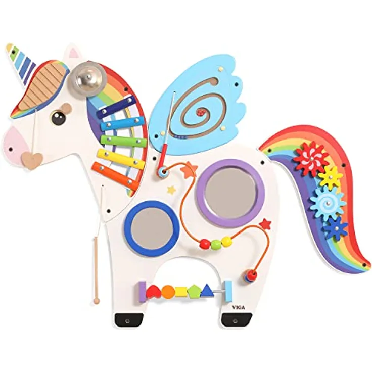 TikTakToo Motorikbrett Einhorn, Montessori Spielzeug mit Zahnradspiel und Magnet-Motorik-Spiel, 4-tlg, FSC-Holz, Wandmontage, 83,6 x 66,8 cm