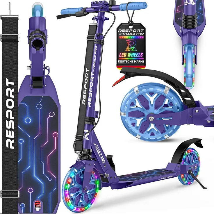 RE:SPORT Cityroller RE:SPORT® Trailz Pro, höhenverstellbar & klappbar, inkl. Handbremse, Doppelfederung, LED-Rollen, Tragegurt & Klingel für Kinder & Erwachsene