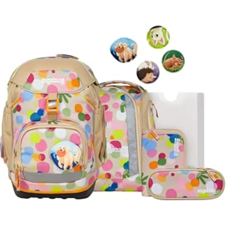 ergobag pack Set Schulrucksack ergonomisch 6-teilig, flexibles Design für 1. Klasse, wasserdicht und individualisierbar, inkl. Sport- und Federmäppchen