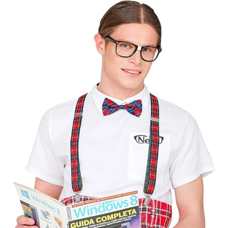 W WIDMANN MILANO Party Fashion 68551, Verkleidungsset Nerd, 3-teilig, mit Hosenträgern und Fliege im Karomuster, inklusive Nerd-Brille, für Karneval und Mottoparty – Bild 2