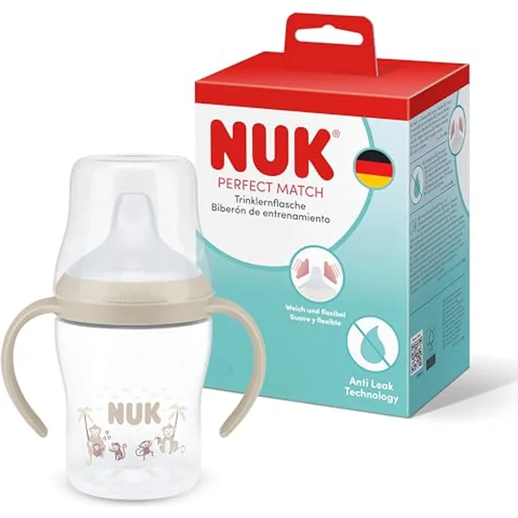 NUK Perfect Match Lernflasche, 150 ml, auslaufsicherer Trinklernbecher für Kleinkinder ab 6 Monaten, mit Anti-Rutsch Griffen, Affe, 1 Stück