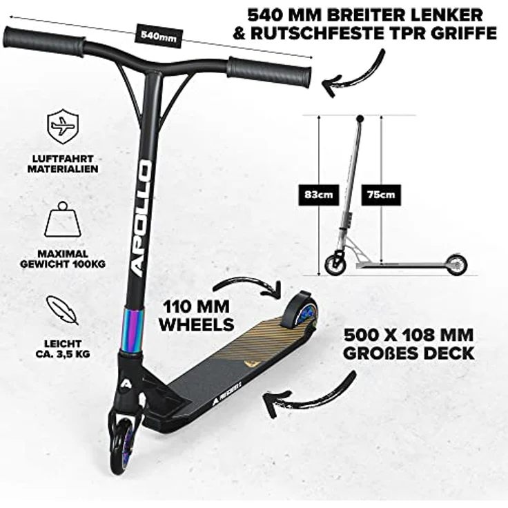 Apollo Stuntscooter Stunt Scooter Genesis X Pro - High End Stuntscooter, Profi Trick Roller mit 120mm Alu Core Wheels Kickscooter, schwarz – Bild 2