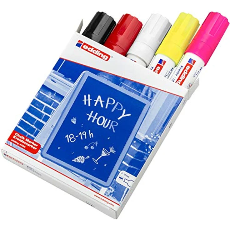 edding 4090 Kreidemarker - bunte Farben (basic) - 5 Stifte - Keilspitze 4-15mm - breiter Kreidestift für Tafel abwischbar - zum Beschriften von Fenster, Glas, Spiegel - Tafelstift mit deckenden Farben – Bild 2
