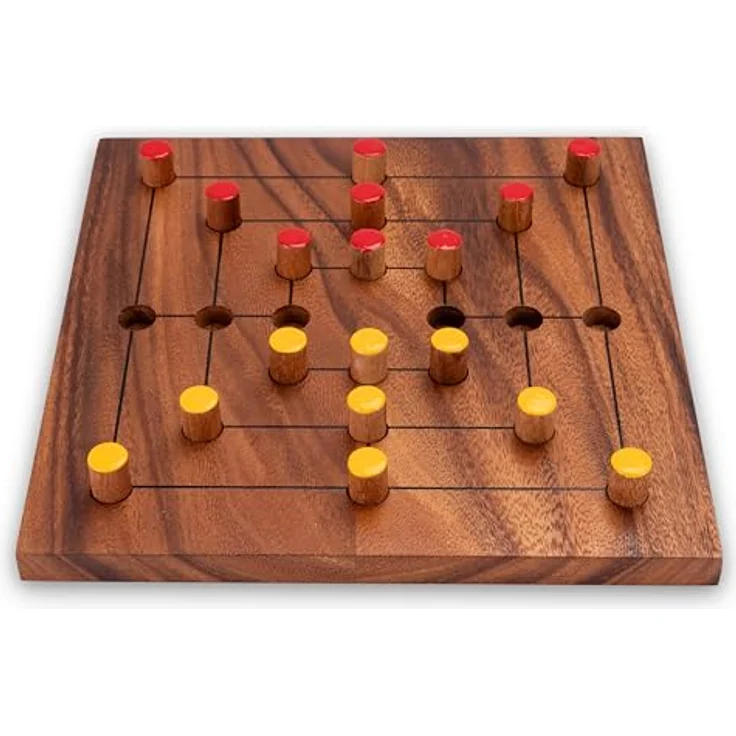 Logoplay Mühle Gr. XL für 2 Spieler, stabiles Spielbrett aus Samena-Holz 25 x 25 cm mit farbigen Spielsteinen und Stoffbeutel – Bild 1