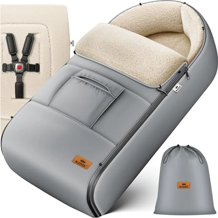KIDIZ® Babyfußsack Baby Fußsack Winterfußsack Babyschale mit Reißverschluss Kuschelsack Babydecke Kinderwagen waschbar verschließbarer Kopfteil ,Tasche, passend für alle Kinderwagen Anthrazit – Bild 2