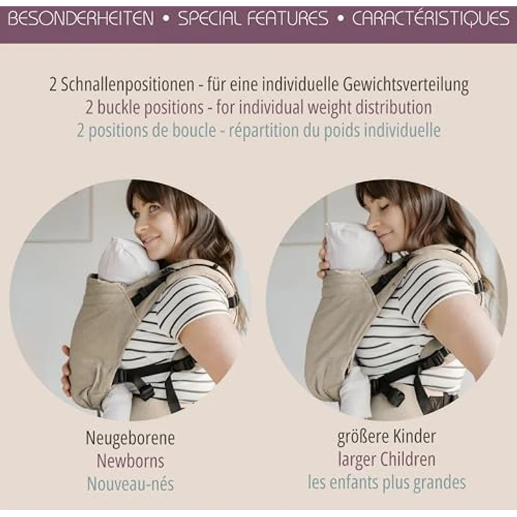 Hoppediz Babytrage Buckle, Vollschnallentrage ab Geburt (3,5 - 20 kg) mit ergonomischen Trägern und verstellbarem Rückenteil – Bild 6