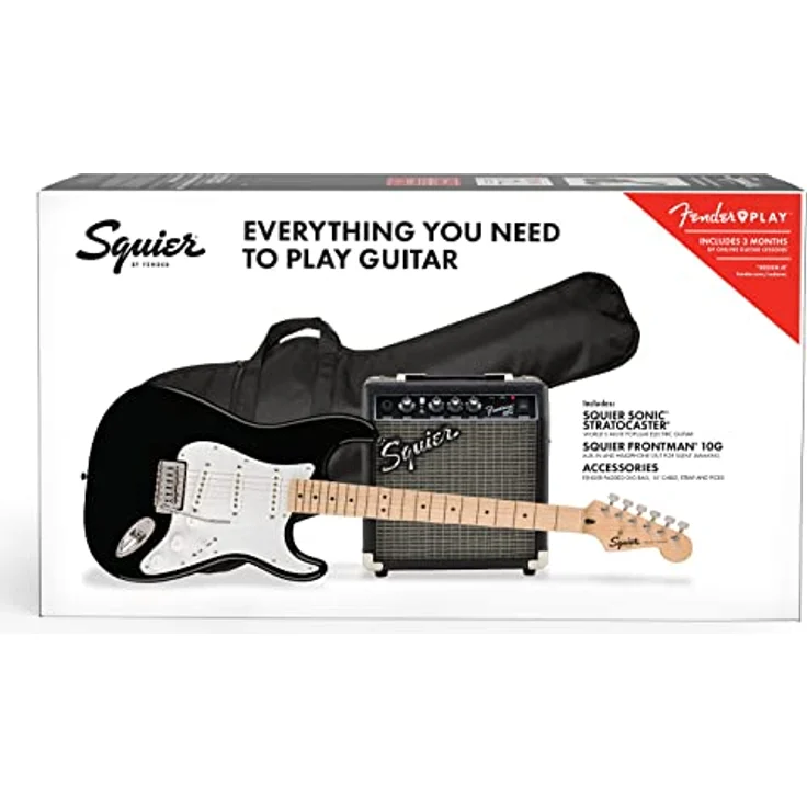 Fender Squier Sonic Stratocaster Pack, E-Gitarre aus Pappel, versatil in Schwarz mit Frontman 10G Verstärker und Zubehör – Bild 2